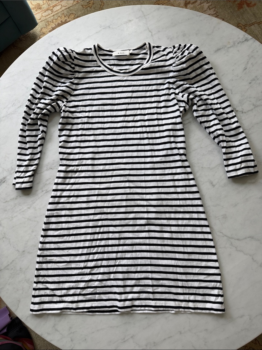 A.L.C. Black & White Striped Puff-Sleeve Midi Dress
